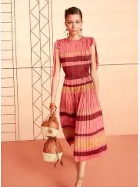 ULLA JOHNSON Alessa Plissé Midi Dress Cerise Striped Tie Shoulder 4